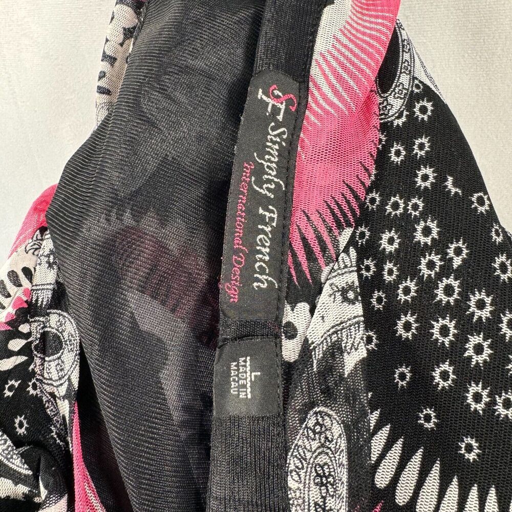 Simply French Blouse Sz L Black Pink Round Neck Ruffle Layered Short Sleeve - Picture 5 of 5